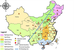 Abb. 1: Lage der Geomatic Center, NGCC und CAGIS auf regionaler und Provinzebene (https://www.researchgate.net/figure/Locations-of-provinces-and-regions-in-China_fig1_353504755, 14.02.2023)