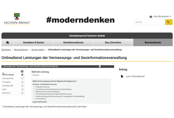 Abb. 2: Onlinedienst - Leistungen der Vermessungs- und Geoinformationsverwaltung Sachsen-Anhalt (https://geodatenportal.sachsen-anhalt.de/gfds/de/onlinedienst-vermessungsantrag.html, 22.08.2024)