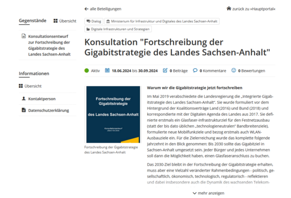 Abb. 4: Beteiligungsportal Sachsen-Anhalt, Beispiel Konsultation „Fortschreibung der Gigabitstrategie des Landes Sachsen-Anhalt“ - Beteiligung (https://beteiligung.sachsen-anhalt.de/portal/hauptportal/startseite, 03.09.2024)