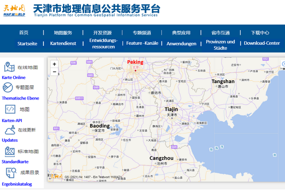 Abb. 2: Geoportal der Stadt Tianjin (https://tianjin.tianditu.gov.cn/, 14.02.2023)