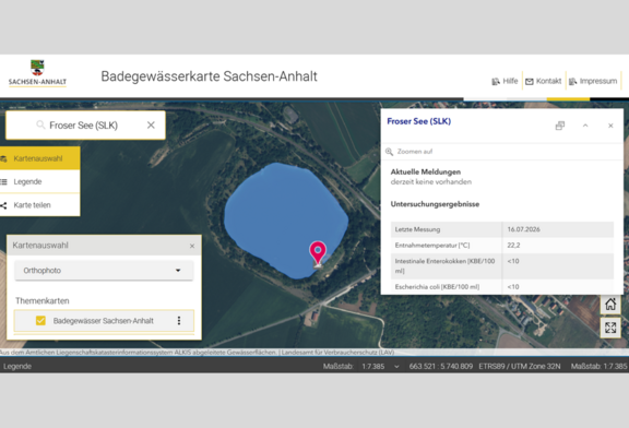 AbAbb. 3: Badegewässerkarte Sachsen-Anhalt – Froser See (https://www.geodatenportal.sachsen-anhalt.de/mapapps/resources/apps/badegewaesserkarte/index.html?lang=de, 24.07.2026)