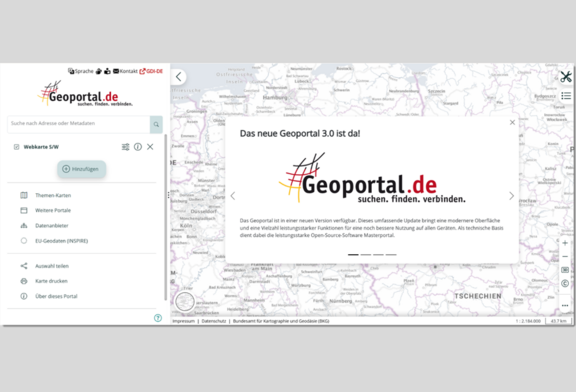 Abb. 2: Die Startseite des Geoportal.de erscheint im neuen Layout, © GDI-DE
