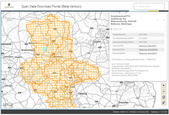 Abb. 1: Startseite Open Data Download Portal (Beta-Version) für Produkt P10 TOP (https://www.geodatenportal.sachsen-anhalt.de/mapapps/resources/apps/ opendatadownload/index.html?lang=de&l=p10_top, 20.07.2026)