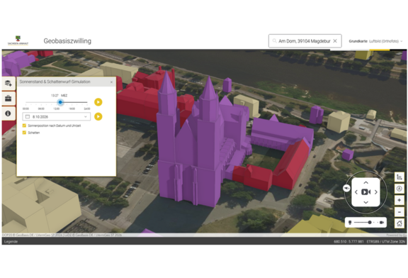 Abb. 2: Geobasiszwilling Sachsen-Anhalt mit Layer Gebäudenutzung und Sonnenstand & Schattenwurf-Simulation
