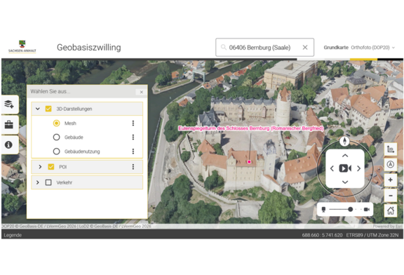 Abb. 1: Geobasiszwilling Sachsen-Anhalt mit 3D-Mesh und Layer POI
