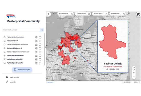 Abb. 1: Masterportal – Partnerschaften (https://www.masterportal.org/partnerschaft/ueber-uns; 23.09.2026) © Freie und Hansestadt Hamburg Landesbetrieb Geoinformation und Vermessung bearbeitet durch LVermGeo Abb. 1: Masterportal – Partnerschaften (https://www.masterportal.org/partnerschaft/ueber-uns; 23.09.2026)